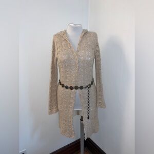 VTG y2k boho crochet hooded cardigan Limited Too Long Duster Belt Lace 2000s